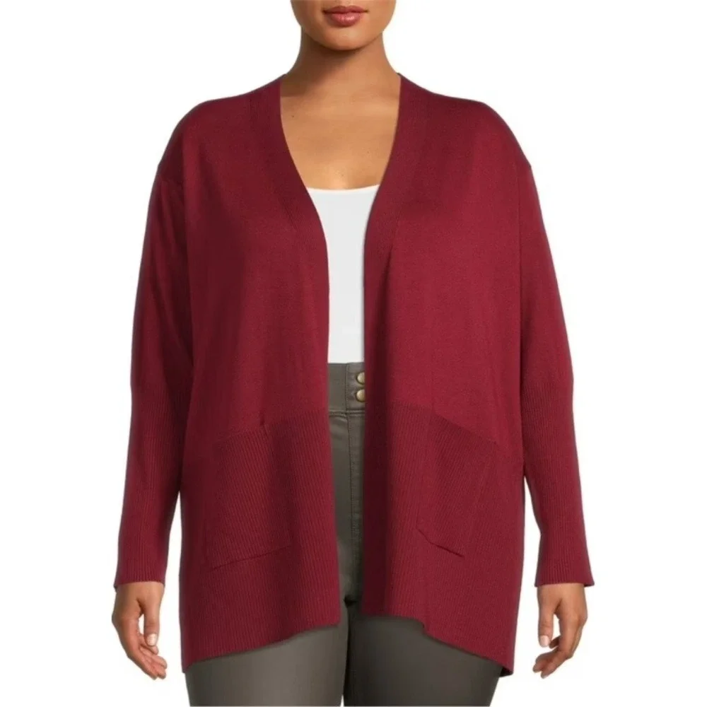 Terra & Sky Womens 0X 14 Red Open Front Cardigan Sweater Long Sleeve Pockets NWT